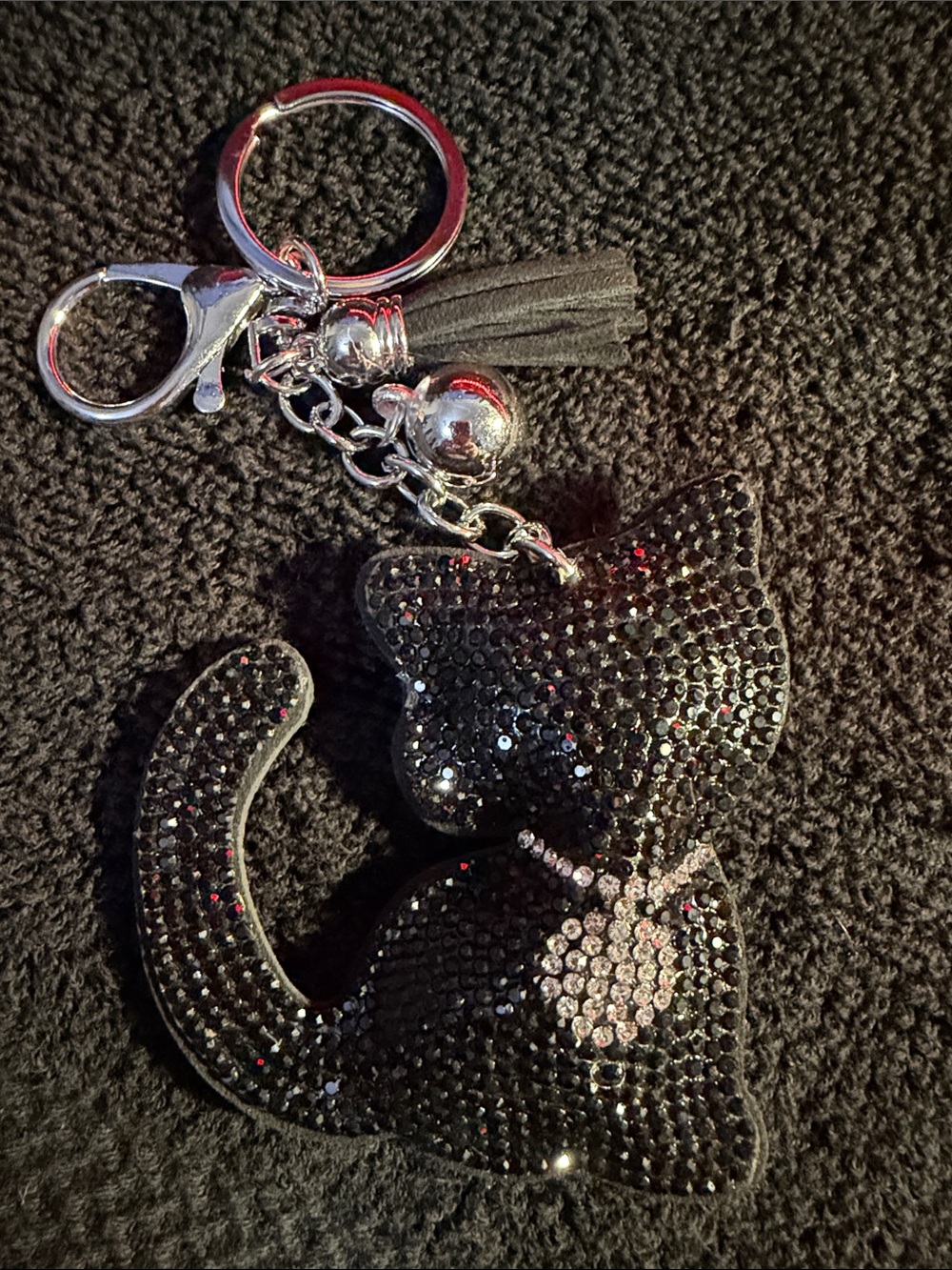 Black Rhinestone Cat Keychain with Tassel